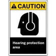 Caution sign indicating a hearing protection area with a black and yellow color scheme.