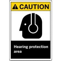 Caution sign indicating a hearing protection area with a black and yellow color scheme.