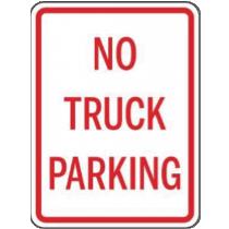 No truck parking sign with red text on a white background