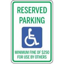 Handicap reserved parking sign with text and icon