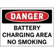 Safety sign warning about battery charging area and no smoking.