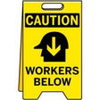 Caution sign with 'Workers Below' text and symbol on a yellow background
