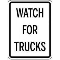 Traffic sign with 'Watch for Trucks' text on a white background