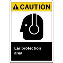 Safety sign with ear protection symbol and text 'Caution: Ear protection area' on a white background.
