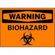 Biohazard warning sign with black text on an orange background
