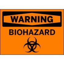 Biohazard warning sign with black text on an orange background