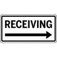 Sign with 'RECEIVING' text and an arrow pointing right on a white background