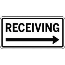 Sign with 'RECEIVING' text and an arrow pointing right on a white background