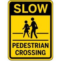 Yellow and black sign indicating 'Slow for Pedestrian Crossing'.
