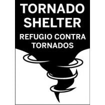 Sign indicating a tornado shelter with a black and white design.