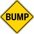 Yellow traffic sign with 'BUMP' text on a white background