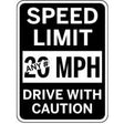 Speed limit sign with text 'SPEED LIMIT ANY 20 MPH DRIVE WITH CAUTION' on a black background