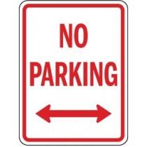 No Parking sign with two red arrows pointing left and right on a white background