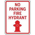 No parking fire hydrant sign with red text and fire hydrant icon on a white background