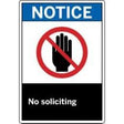No soliciting sign with a red circle and line over a hand icon on a white background.