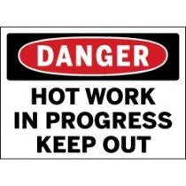 Safety sign warning of hot work in progress with a red circle and black border.