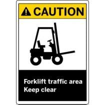 Caution sign with a forklift icon and text 'Forklift traffic area Keep clear' on a white background.
