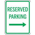 Reserved parking sign with a green arrow pointing to the right on a white background