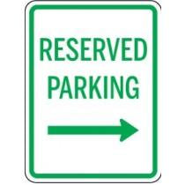 Reserved parking sign with a green arrow pointing to the right on a white background