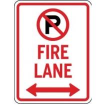 No parking fire lane sign with arrows on a white background