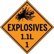 Explosives warning sign with text 'EXPLOSIVES 1.1L 1' on an orange background