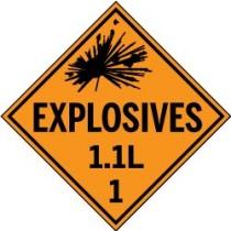 Explosives warning sign with text 'EXPLOSIVES 1.1L 1' on an orange background