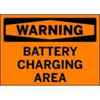 Warning sign indicating a battery charging area on an orange background