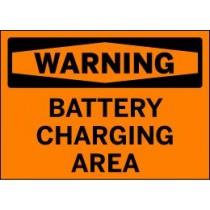 Warning sign indicating a battery charging area on an orange background