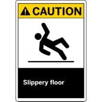 Caution sign with a falling person icon and text 'Slippery floor' on a white background.