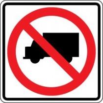 Prohibition sign with a truck symbol inside a red circle with a diagonal line through it.