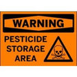 Warning sign for pesticide storage area with skull and crossbones symbol.