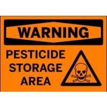 Warning sign for pesticide storage area with skull and crossbones symbol.