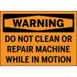 Warning sign on an orange background with black text.