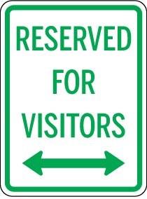 Sign indicating 'Reserved for Visitors' with arrows pointing left and right on a white background.