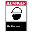 Safety sign with a warning symbol and text 'Danger Hard Hat Area' on a white background.