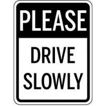 Traffic sign with 'Please Drive Slowly' text on a black border