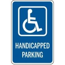 Handicapped parking sign with wheelchair icon on a blue background