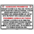 Prohibition sign for handguns in a restricted area, with text in multiple languages.