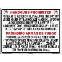 Prohibition sign for handguns in a restricted area, with text in multiple languages.