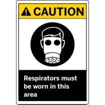 Safety sign with a gas mask icon and 'Caution: Respirators must be worn in this area' text.
