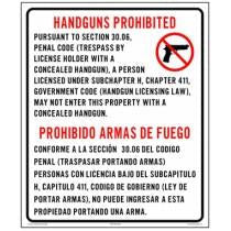 Sign prohibiting handguns on a property with bilingual text.