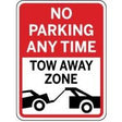 No parking any time, tow away zone sign with red border.