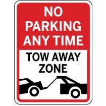 No parking any time, tow away zone sign with red border.