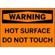 Warning sign with 'Hot Surface Do Not Touch' text on an orange background