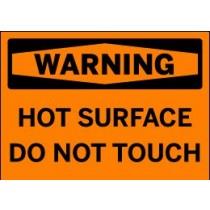Warning sign with 'Hot Surface Do Not Touch' text on an orange background