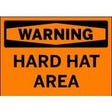 Warning sign with 'Hard Hat Area' text on an orange background