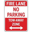 Red and white sign with 'FIRE LANE NO PARKING TOW-AWAY ZONE' text and arrows.