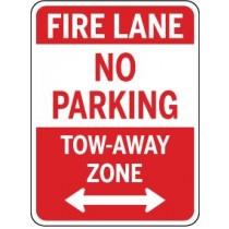 Red and white sign with 'FIRE LANE NO PARKING TOW-AWAY ZONE' text and arrows.