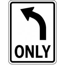 Traffic sign with a left-turn arrow and 'ONLY' text on a white background