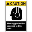 Safety sign with a warning symbol and text about hearing protection required.